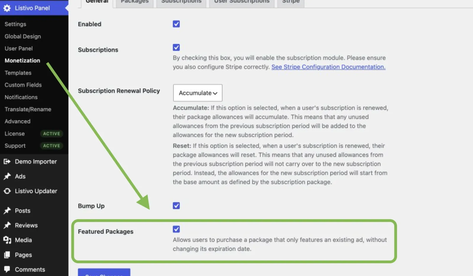 Listivo Monetization settings with Featured Packages enabled