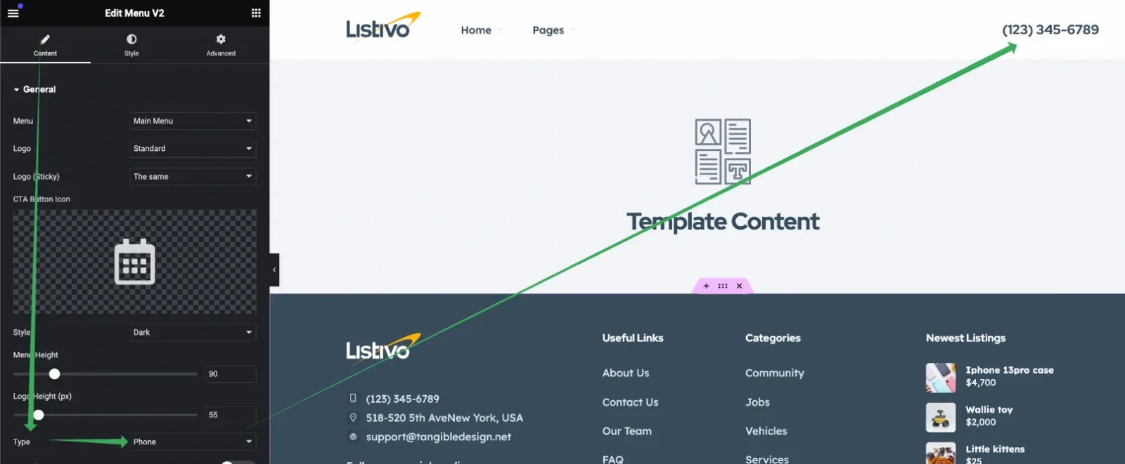 Elementor with the menu widget Type field set to Phone; the page preview shows the phone number (123) 345-6789 in the header instead of a button.