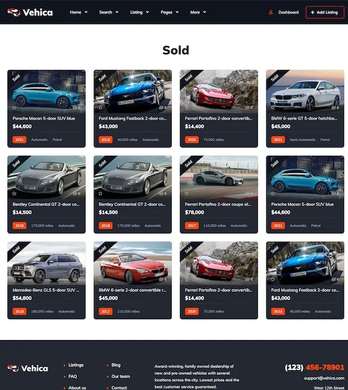 Sold page of the Vehica demo with twelve car cards, each marked with a Sold ribbon in the corner