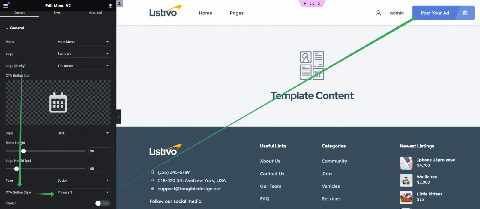 Elementor with the CTA Button Style dropdown highlighted in the left panel and a green arrow pointing to a blue "Post Your Ad" button in the page preview header.