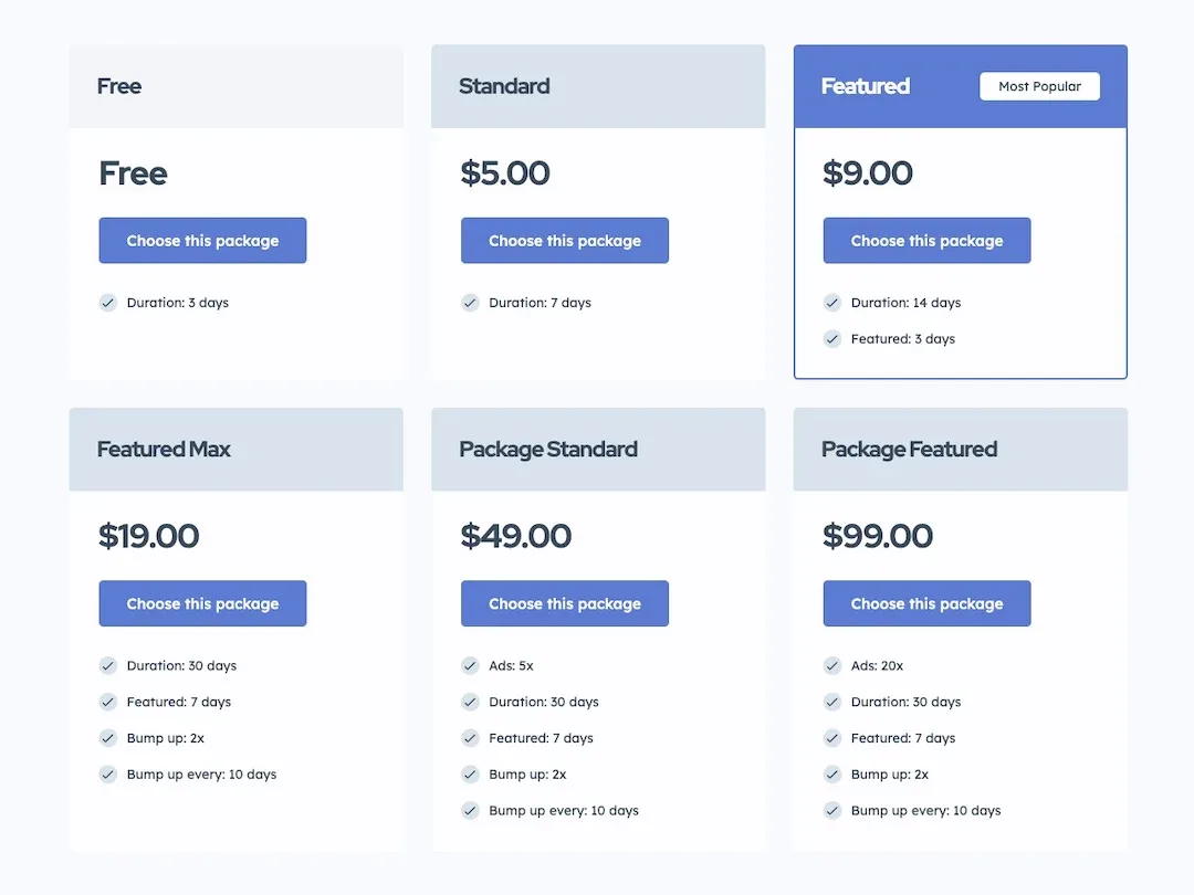 Package table with a Free package next to Standard, Featured, Featured Max, Package Standard and Package Featured, each listing its duration, featured days or bumps
