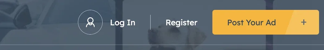 Front-end menu bar showing a person icon with "Log In", a divider, "Register", and a yellow "Post Your Ad" button with a plus sign.