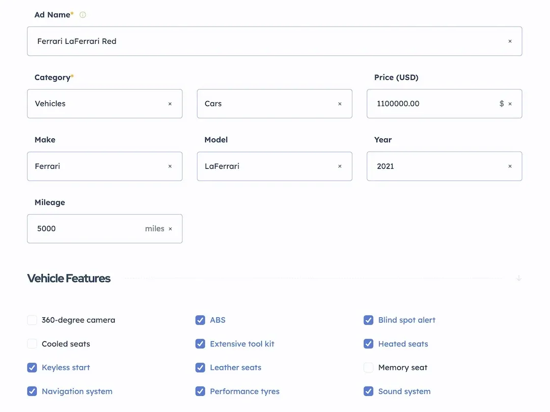 Listivo ad form for a car in Vehicles and Cars, with Make, Model, Year and Mileage fields and vehicle features to tick