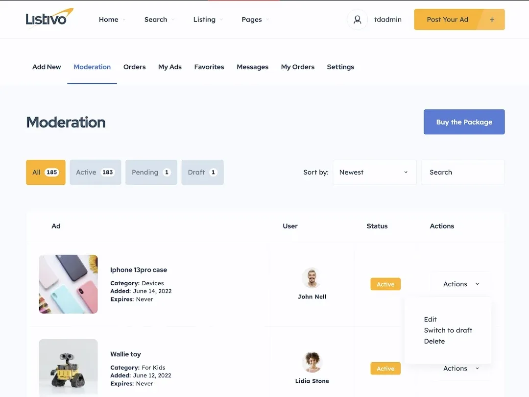 Moderation page in the user panel with All, Active, Pending and Draft tabs and an Actions menu open next to an ad