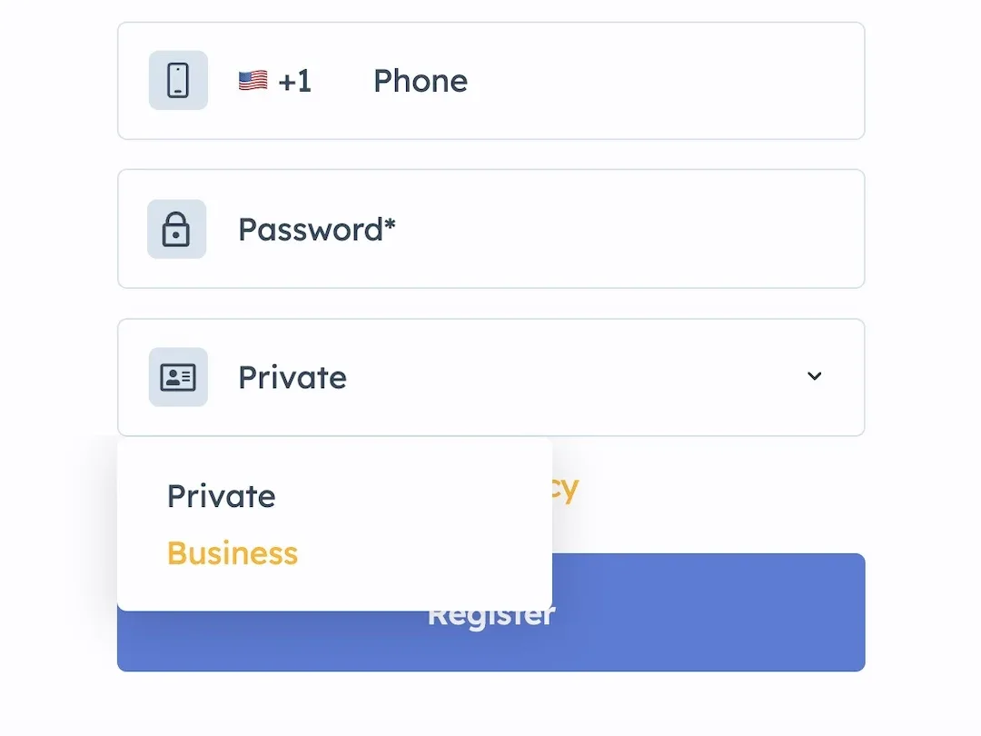 The Listivo sign-up form, with the account type menu open on Private and Business
