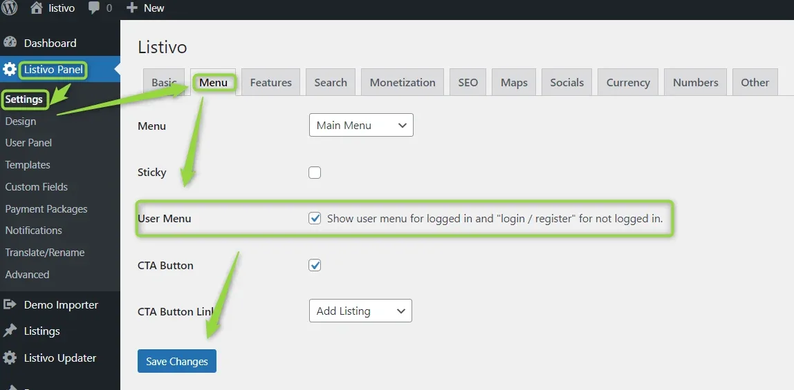 Listivo Panel settings on the Menu tab, with the "User Menu" checkbox ticked and labelled "Show user menu for logged in and 'login / register' for not logged in", above the CTA Button options.
