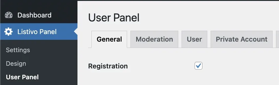 Listivo Panel User Panel screen on the General tab, with the Registration checkbox ticked.