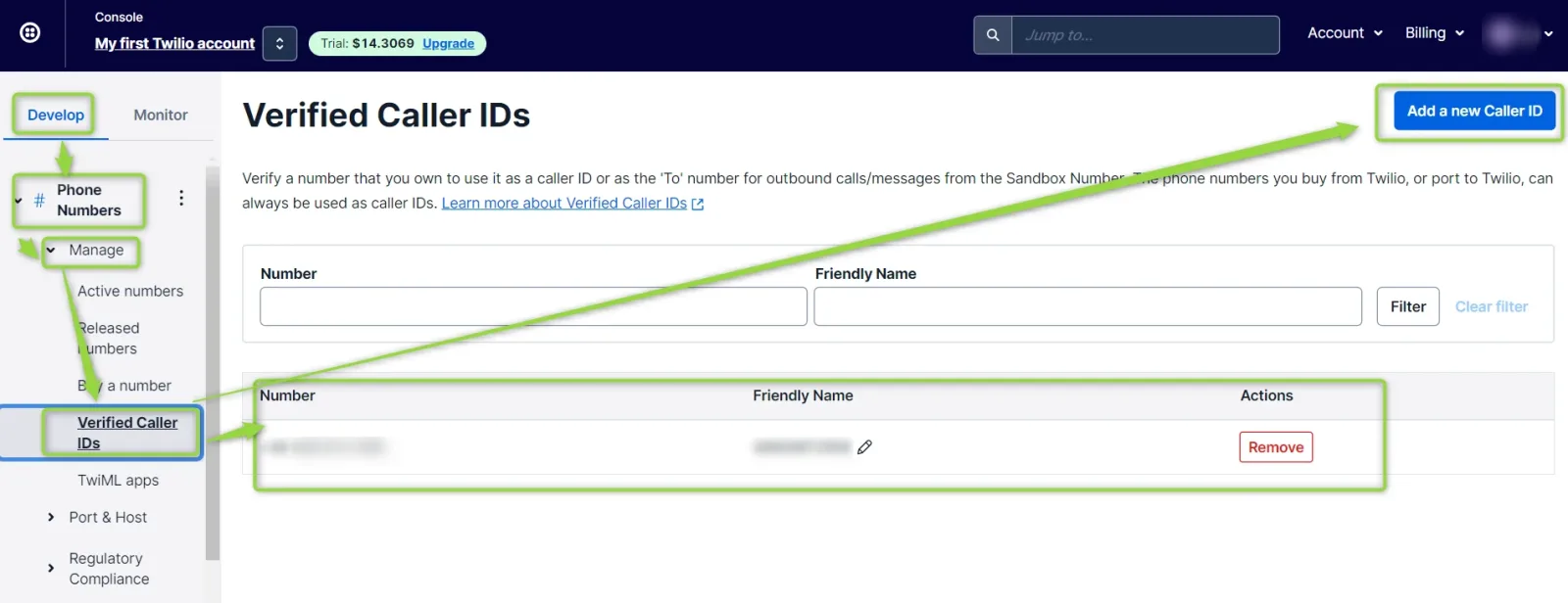 Twilio's Verified Caller IDs page with the "Add a new Caller ID" button highlighted and one verified number listed in the table below.