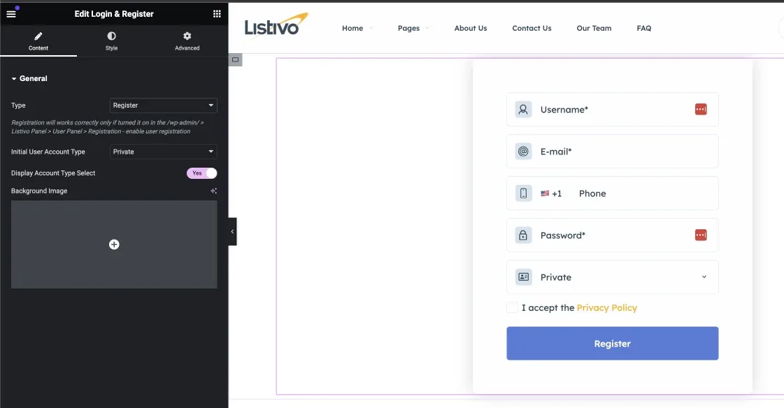 Elementor editing the Login & Register widget: the left panel shows Type set to "Register", and the preview shows a tab-less registration form with Username, E-mail, Phone and Password fields plus a Register button.