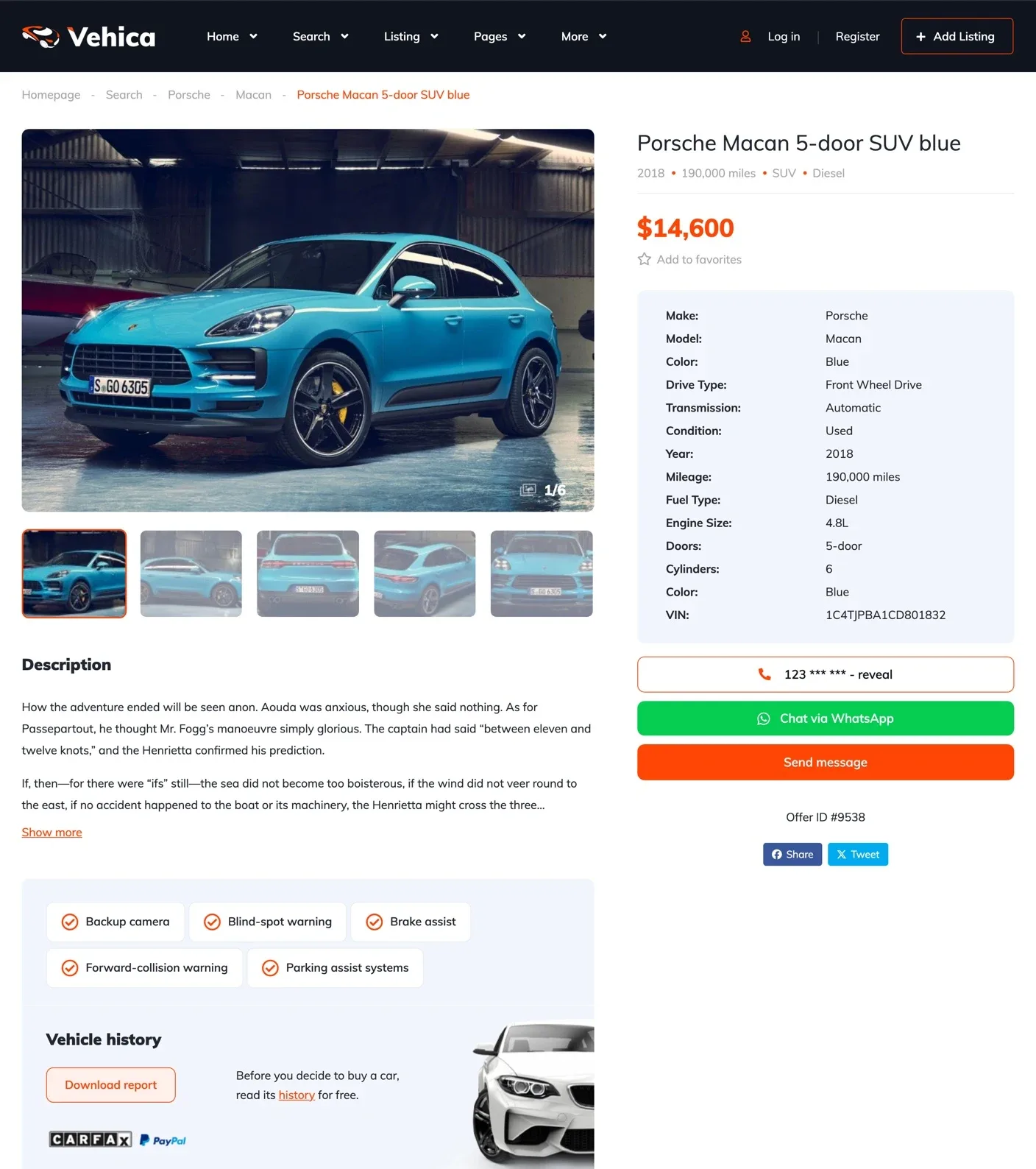 Vehica car page for a blue Porsche Macan with a photo gallery, the price, a list of specs and buttons to reveal the phone, chat via WhatsApp and send a message