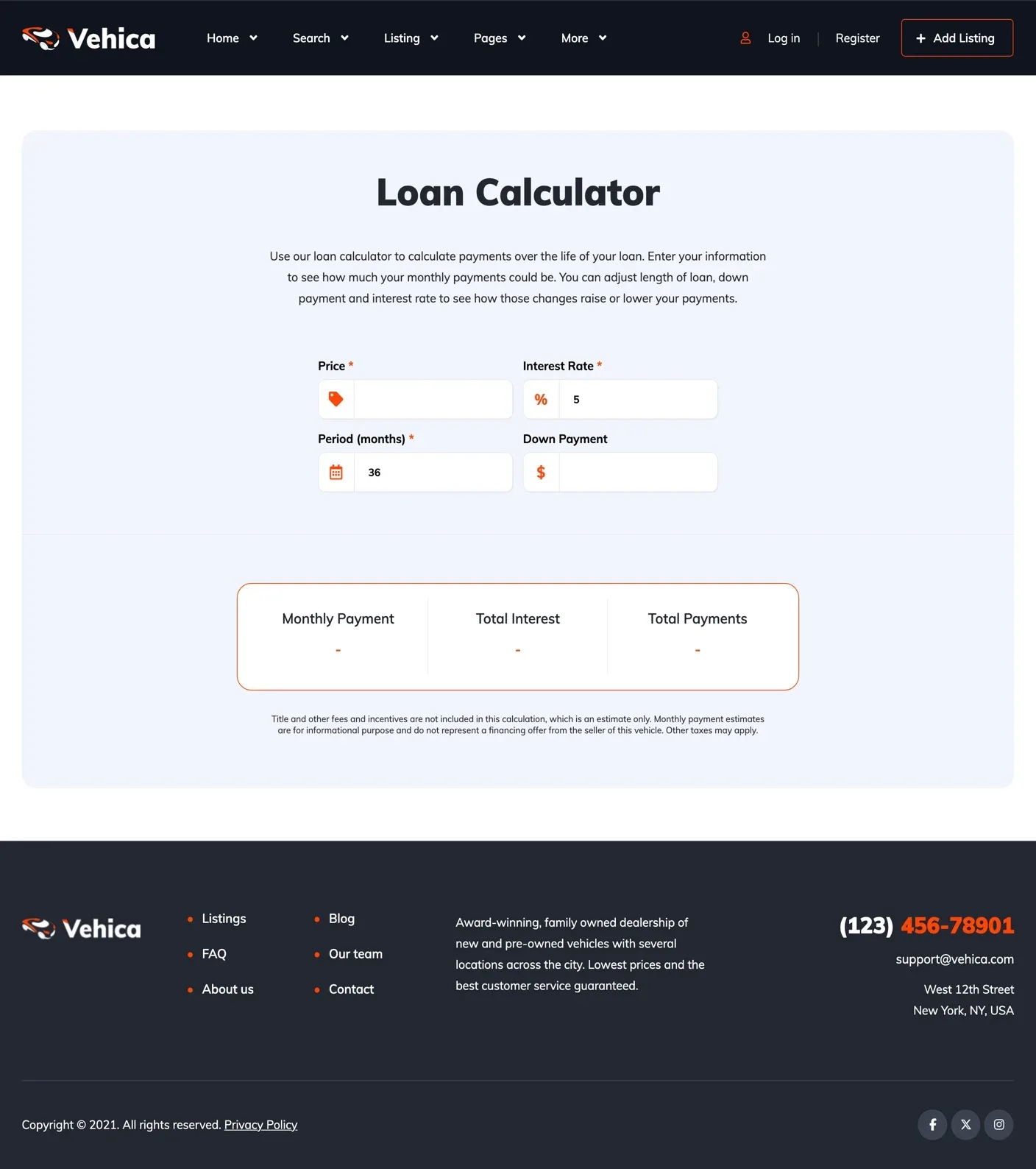 Vehica Loan Calculator page with fields for price, interest rate, period in months and down payment, and boxes for monthly payment, total interest and total payments