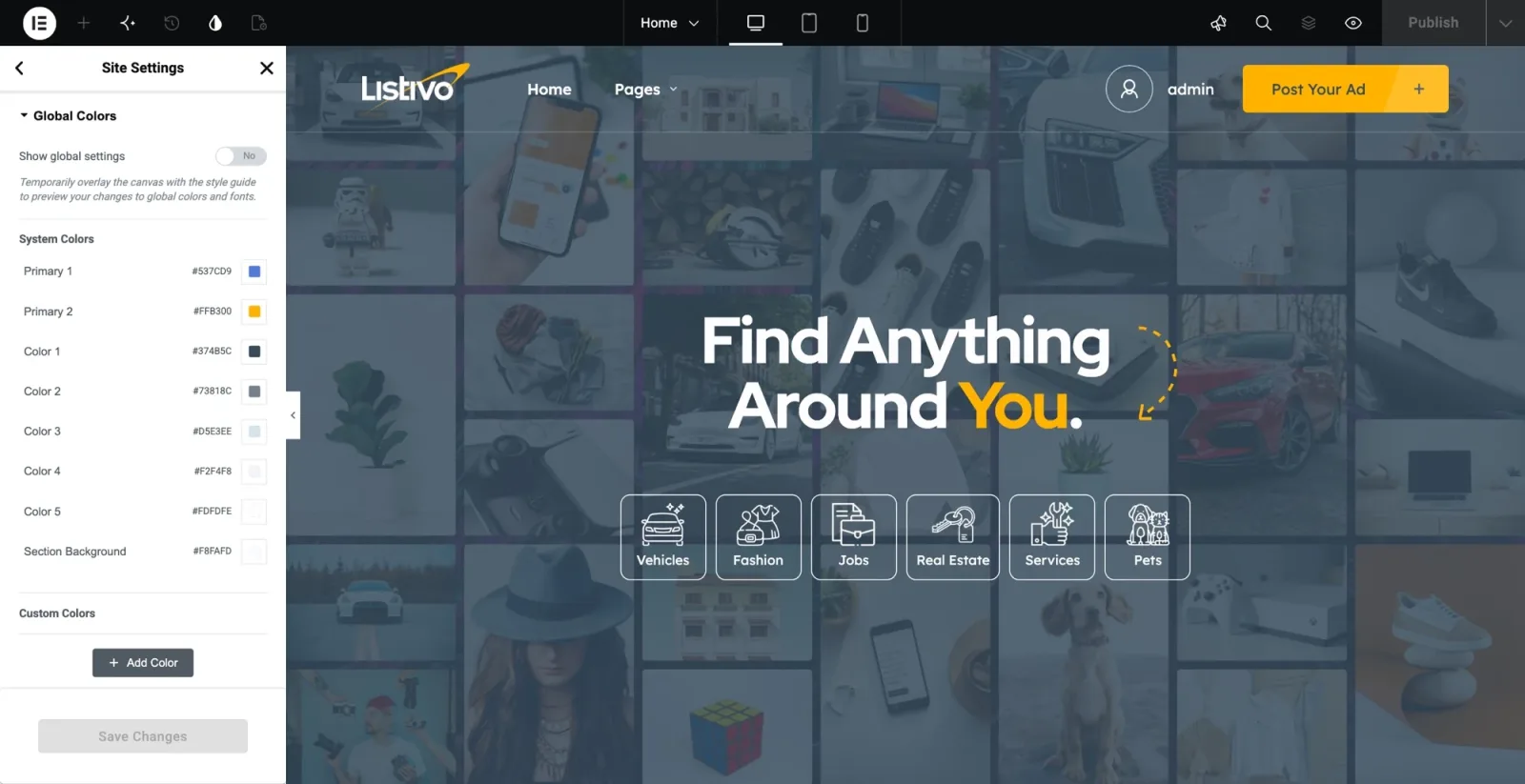 Elementor Site Settings with the global colors of Listivo, next to the Listivo home page with its search and categories