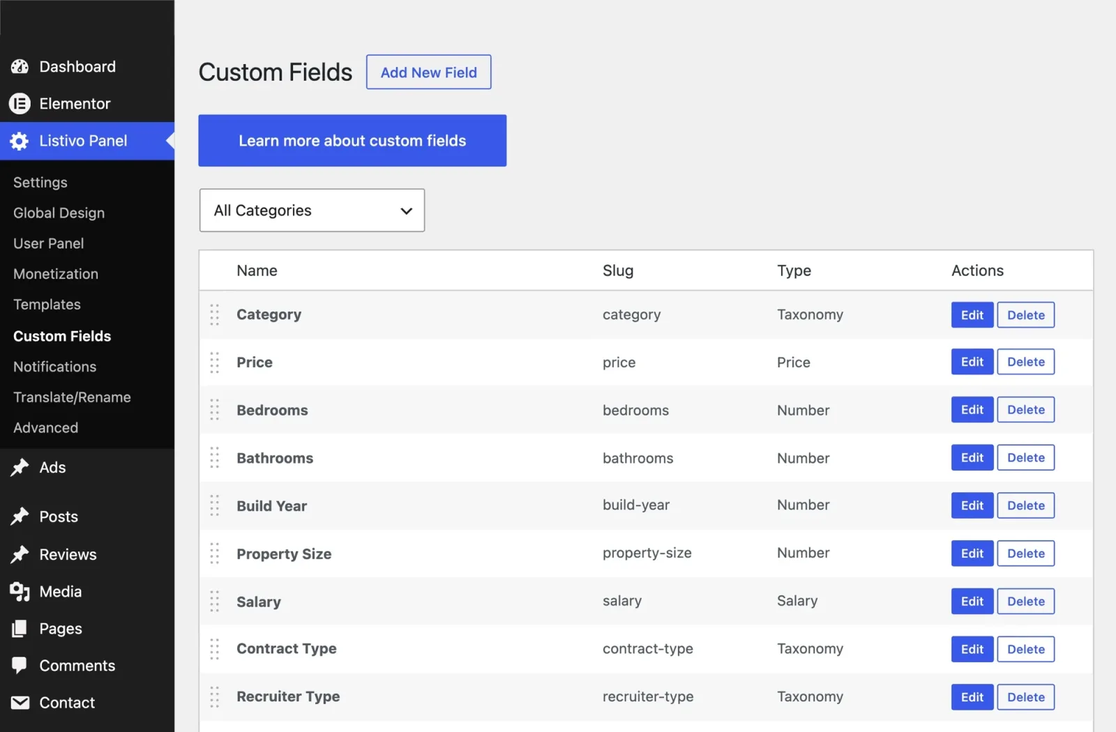 Custom Fields list in the Listivo Panel with Category, Price, Bedrooms, Bathrooms, Build Year, Property Size, Salary, Contract Type and Recruiter Type