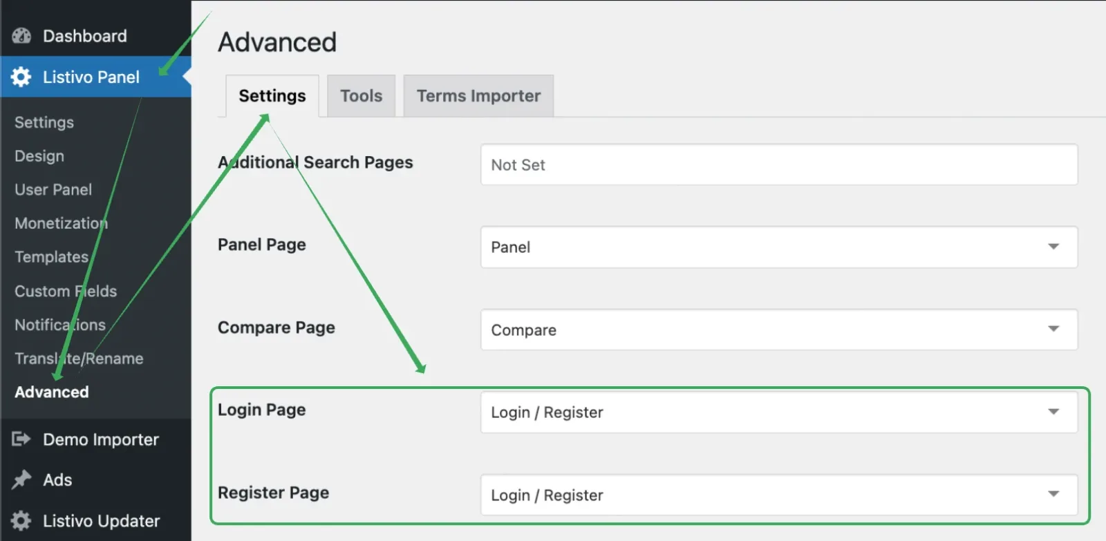 Listivo Panel Advanced screen on the Settings tab, with the Login Page and Register Page dropdowns highlighted, both set to "Login / Register".