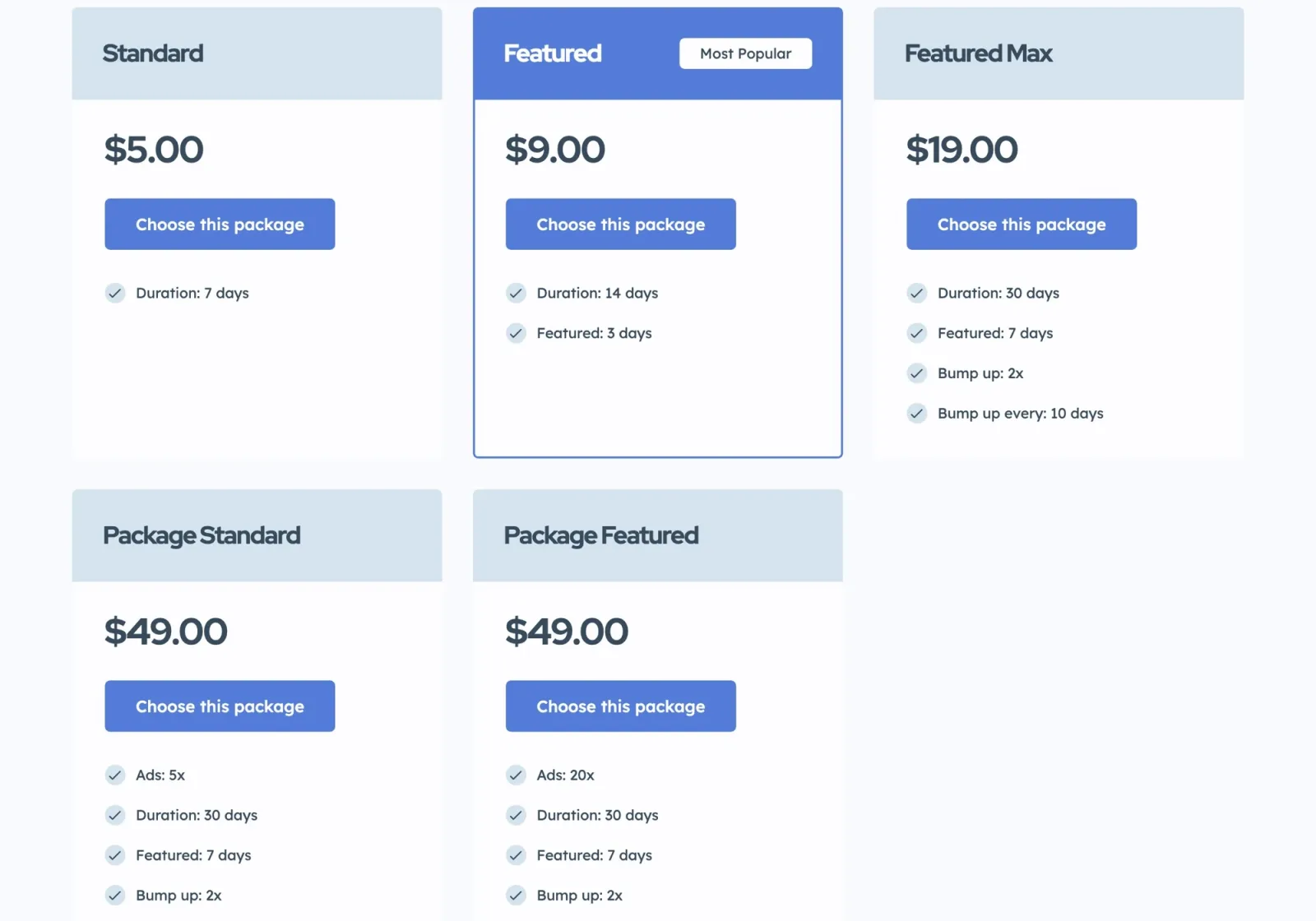 Package table with Standard, Featured and Featured Max packages and two packs of 5 and 20 ads, each with its duration, featured days and bumps