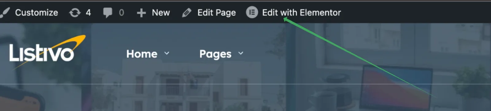 The WordPress admin bar above a page's header, with a green arrow pointing at the "Edit with Elementor" item.
