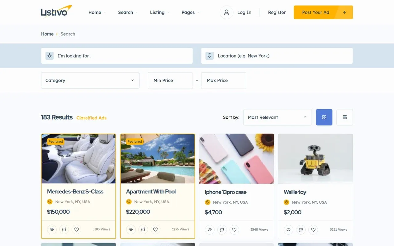 Search results sorted by Most Relevant, with two cards marked Featured, in their own color, in the first places of the grid