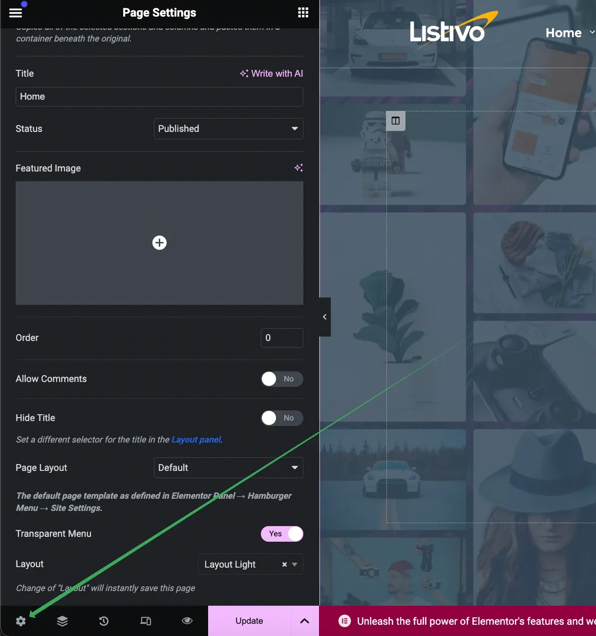 The Elementor Page Settings panel for the Home page (Title, Status, Featured Image, Order, Page Layout, Transparent Menu, Layout), with a green arrow pointing down at the cog icon in the bottom toolbar.