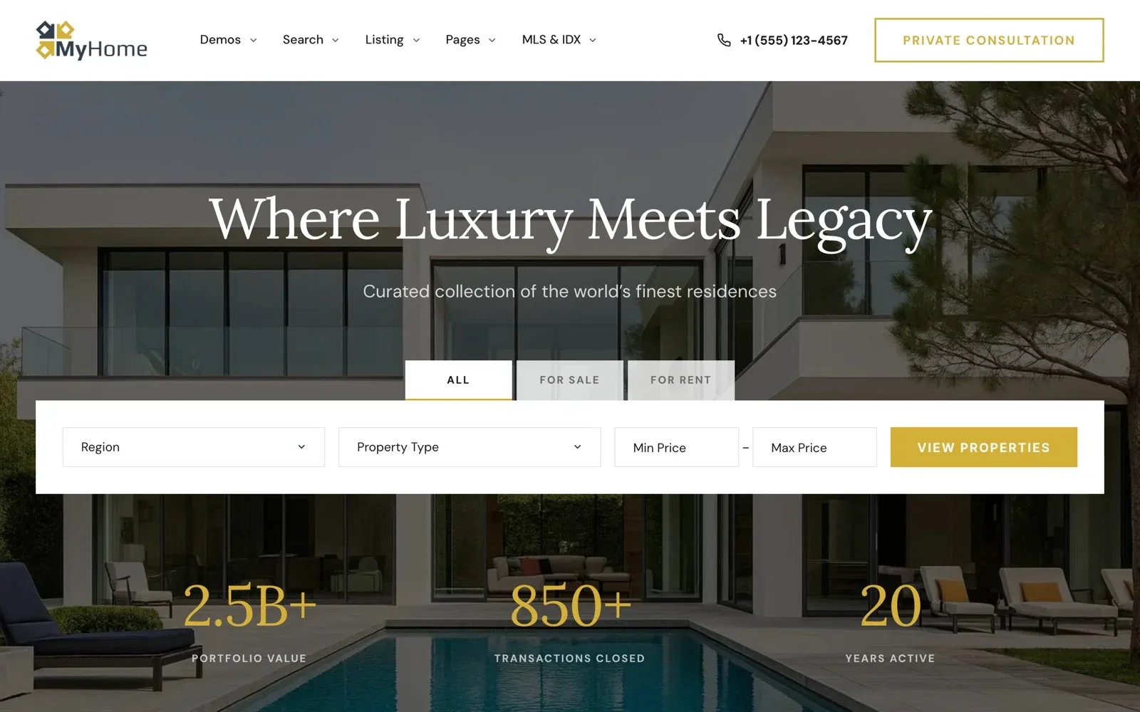 The MyHome Luxury demo home page with a large photo of a modern house, the heading Where Luxury Meets Legacy and a gold search button