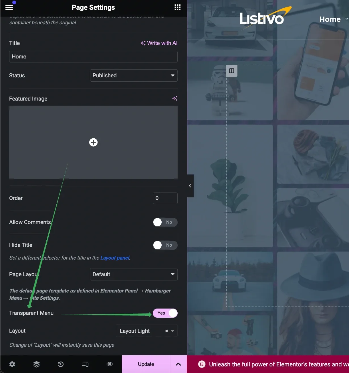 The same Page Settings panel with a green arrow pointing at the Transparent Menu switch, which is set to Yes.