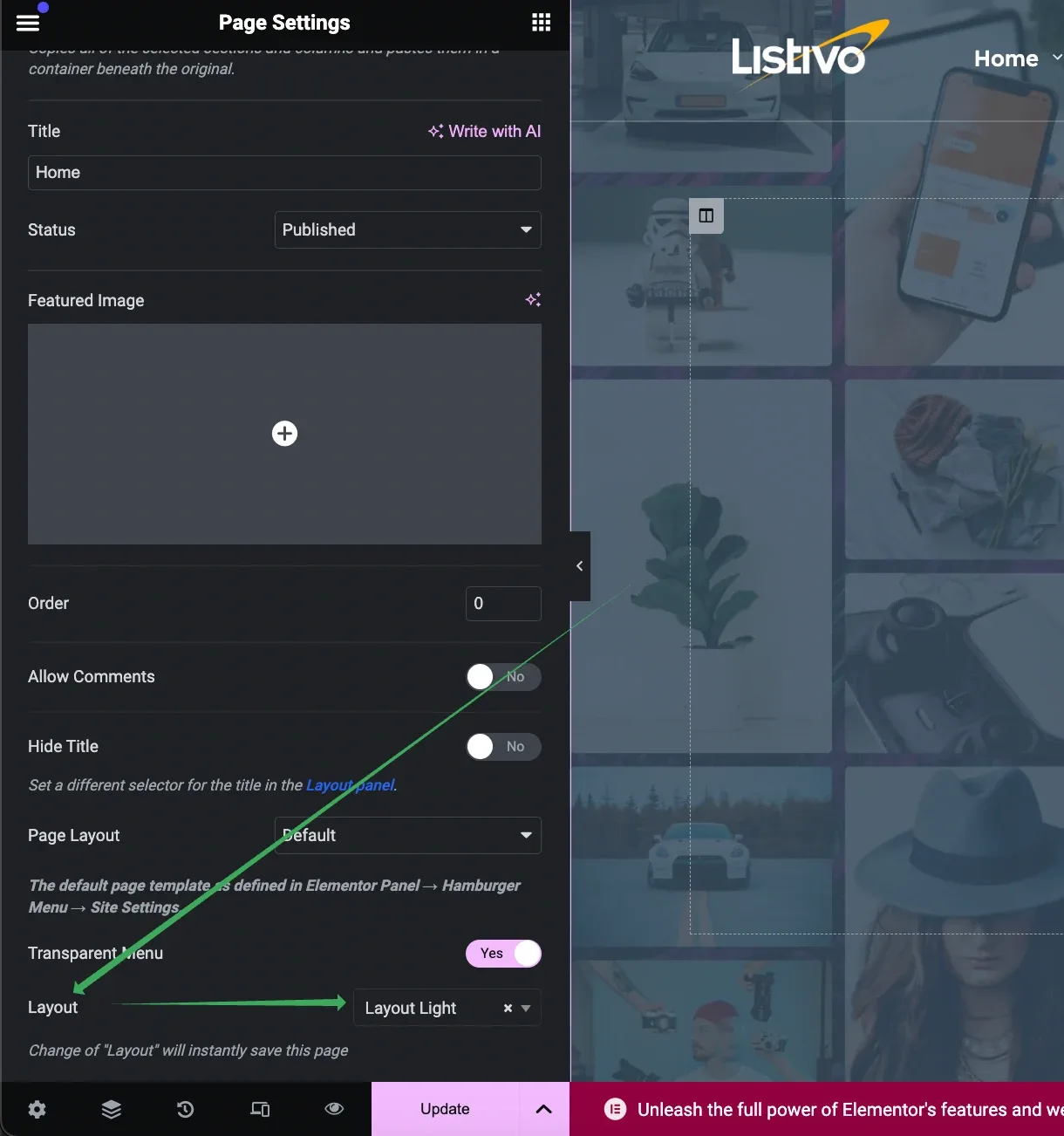 The Elementor Page Settings panel with a green arrow pointing at the Layout dropdown, set to "Layout Light", directly below the Transparent Menu switch.