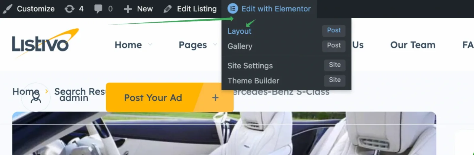 The WordPress admin bar on the front end with "Edit with Elementor" hovered, opening a dropdown that lists Layout, Gallery, Site Settings and Theme Builder.
