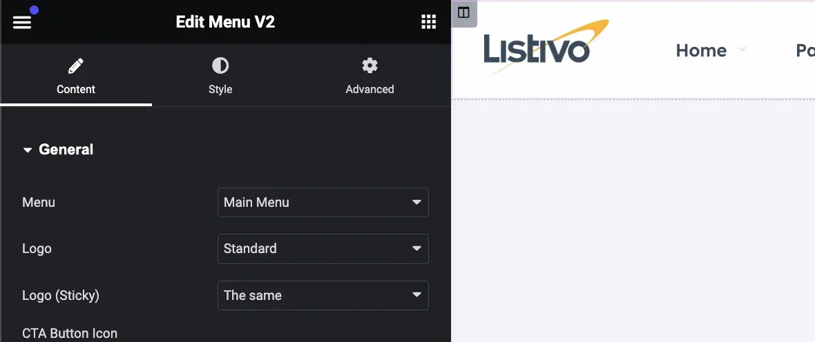 The Elementor panel with the Edit Menu V2 widget open on the Content tab, showing the General group with Menu, Logo and Logo (Sticky) dropdowns.