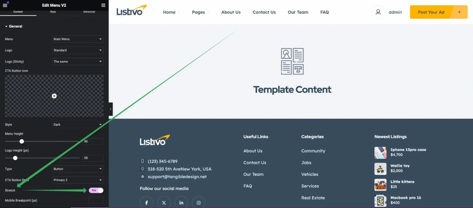 Elementor with the menu widget Stretch toggle switched on and a green arrow running up to the page preview, where the menu now spans the full width of the header.