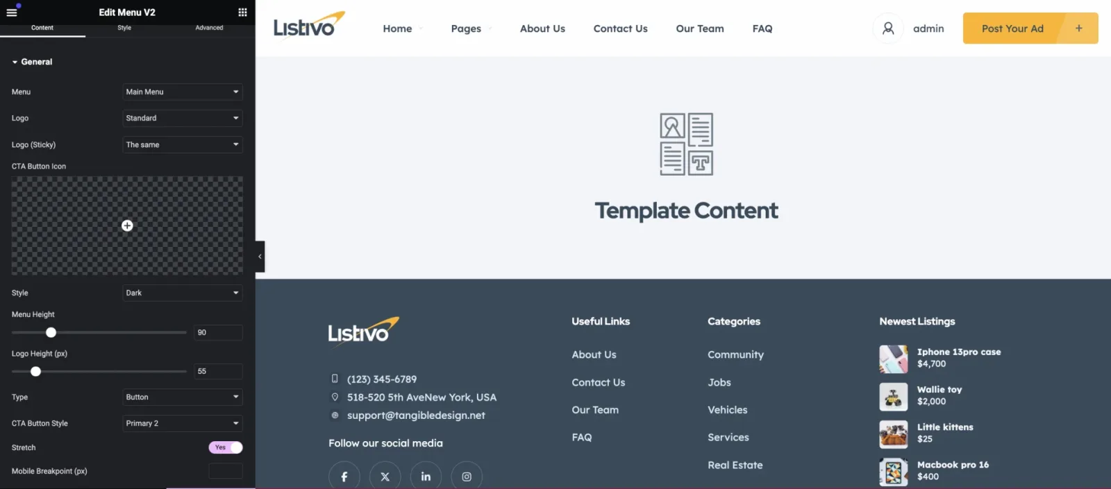 The same Elementor menu widget panel, unannotated, with the Style, Menu Height, Logo Height, Type, CTA Button Style, Stretch and Mobile Breakpoint controls visible beside the stretched header preview.