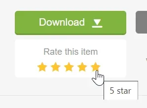 The ThemeForest downloads row with a Rate this item box, the cursor clicking the fifth of five stars