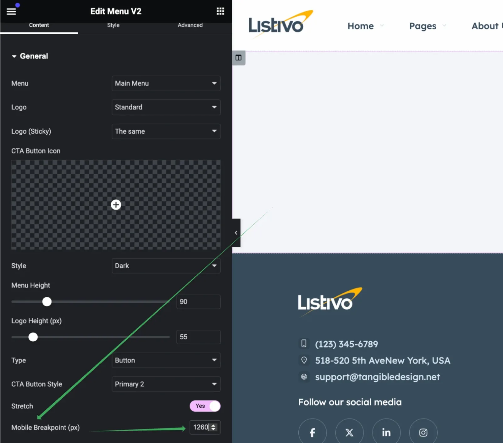 Elementor menu widget panel with a green arrow pointing at the Mobile Breakpoint (px) field, which is set to 1260; above it Menu Height is 90, Logo Height 55 and Stretch is set to Yes.