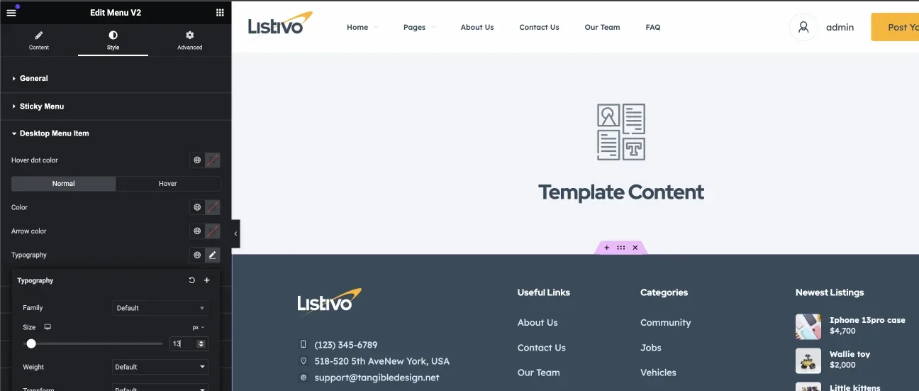 Elementor Style tab with the Desktop Menu Item section expanded, showing the Typography controls (Family and Size) below the menu link colour options.