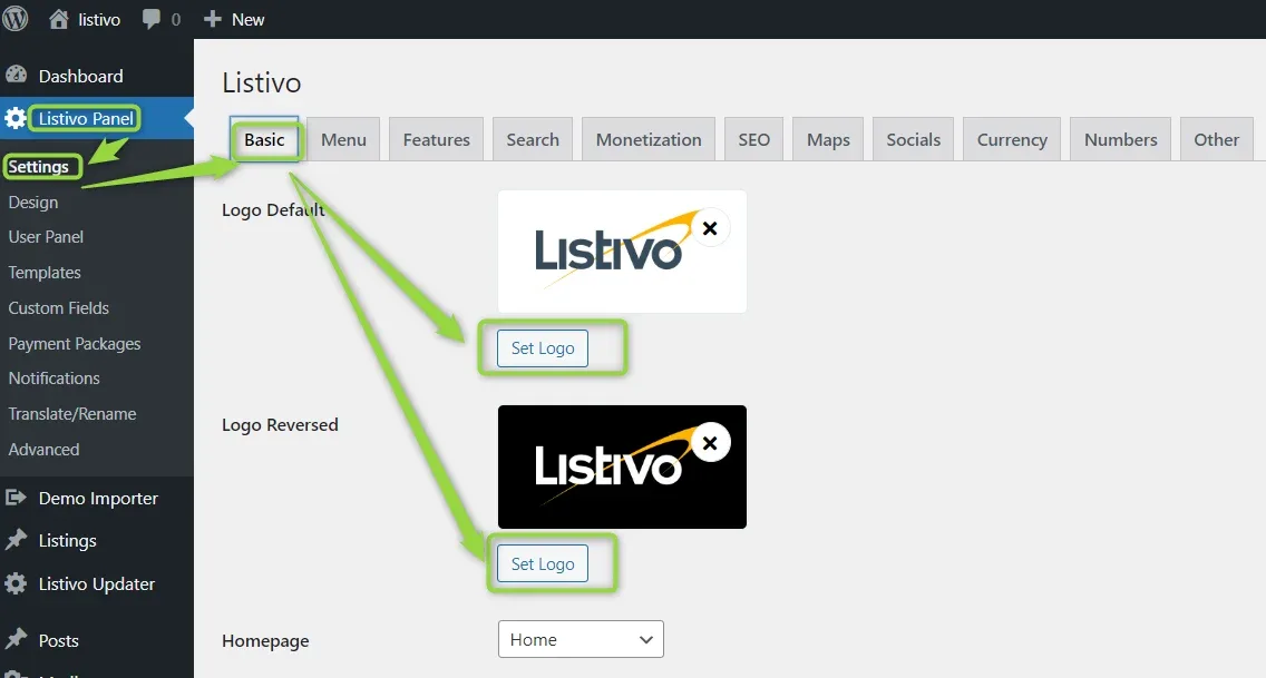 Listivo Panel Settings on the Basic tab, with green arrows pointing at the Set Logo buttons under Logo Default (dark logo on white) and Logo Reversed (white logo on black).