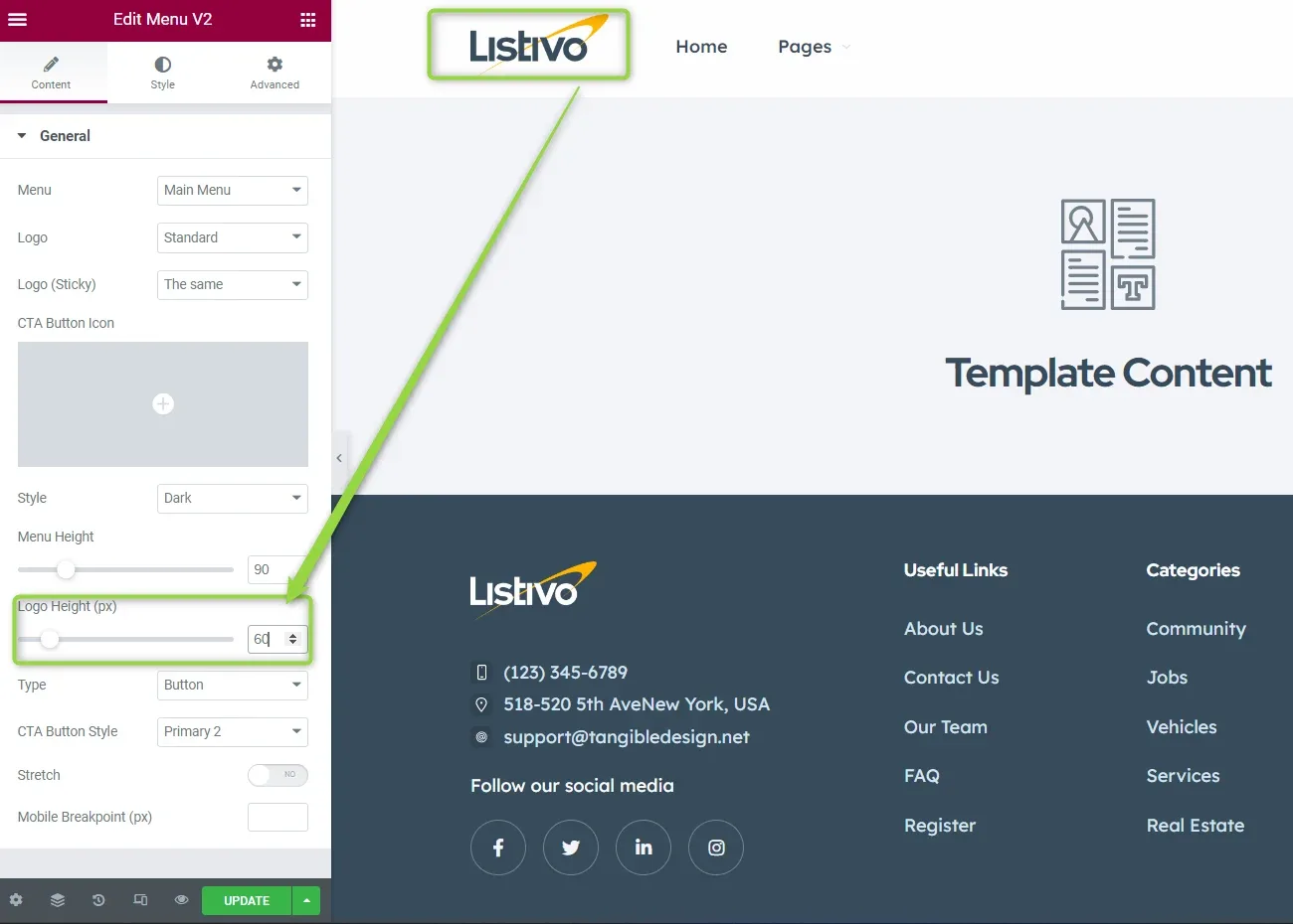 Elementor with the Edit Menu V2 widget open: a green arrow runs from the highlighted logo in the page preview down to the Logo Height (px) field in the left panel.