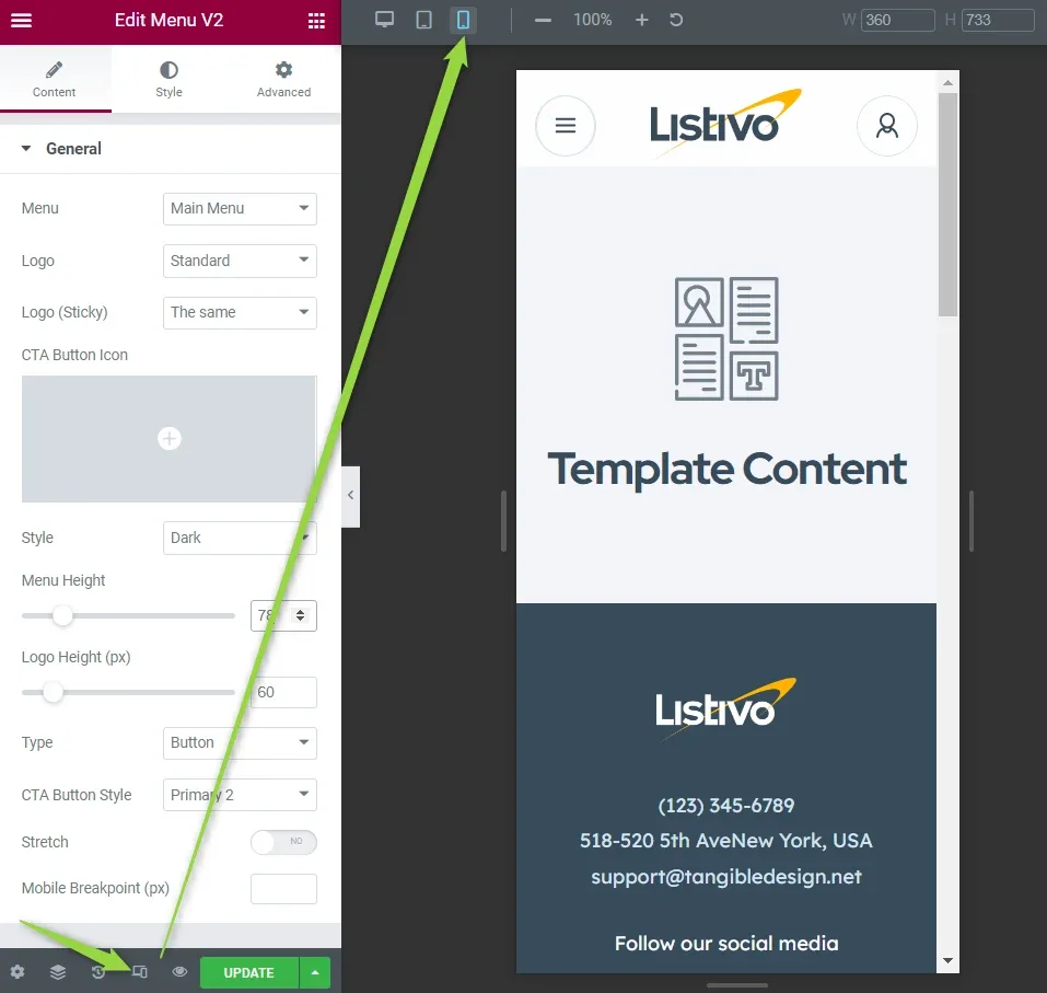 Elementor switched to mobile preview, a green arrow pointing at the device icons in the top bar; the left panel shows Menu Height 70, Logo Height (px) 60 and an empty Mobile Breakpoint field.