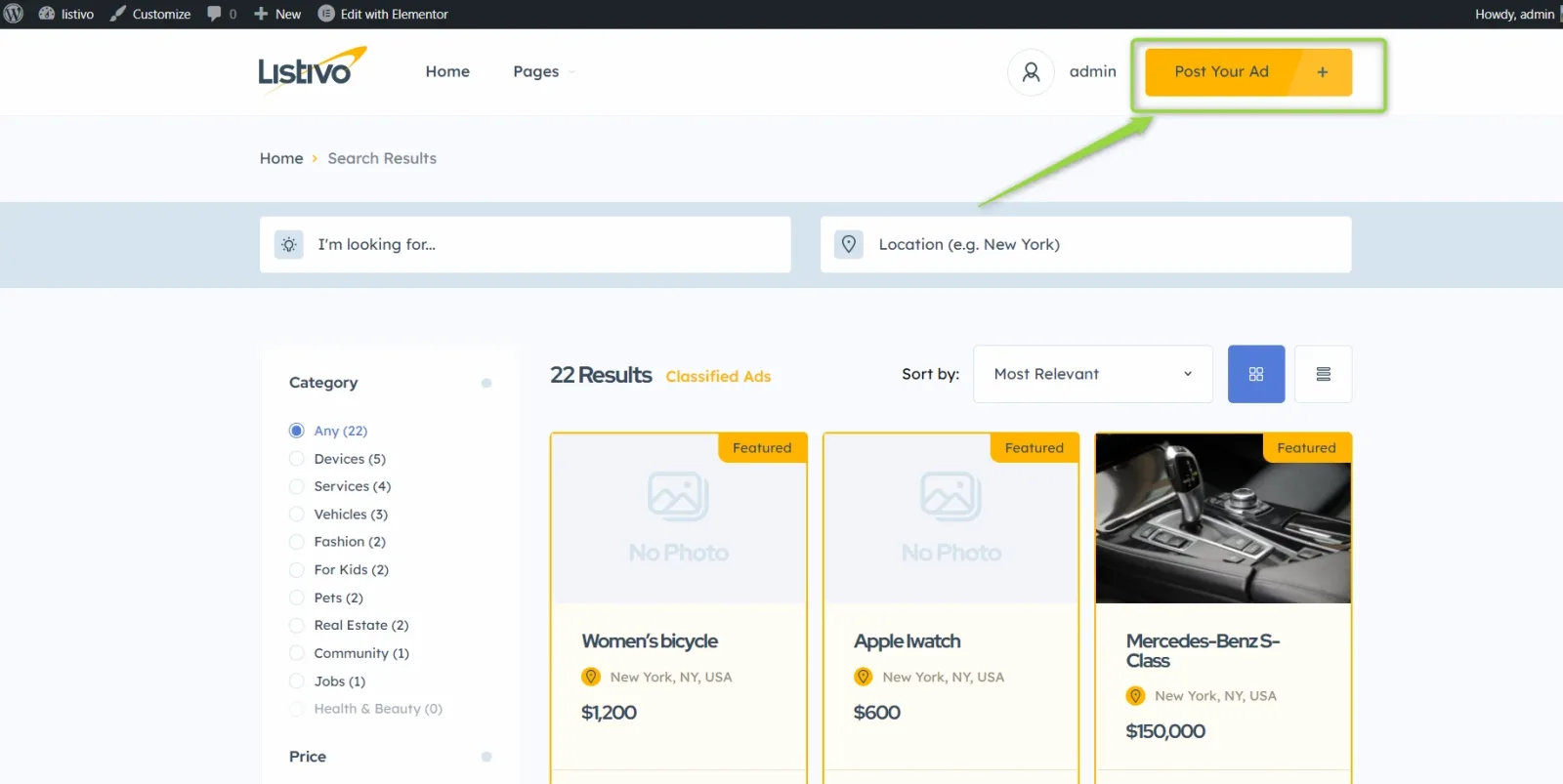 Front-end search results page with the yellow "Post Your Ad" button in the top-right of the header outlined in green and marked with an arrow.
