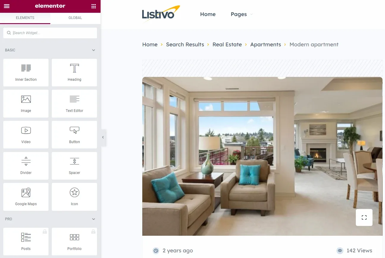 The Elementor editor: a widget panel on the left listing Inner Section, Heading, Image, Text Editor, Video and Button, and on the right a preview of the Listivo listing page for "Modern apartment" with breadcrumbs, a living-room photo and 142 views.