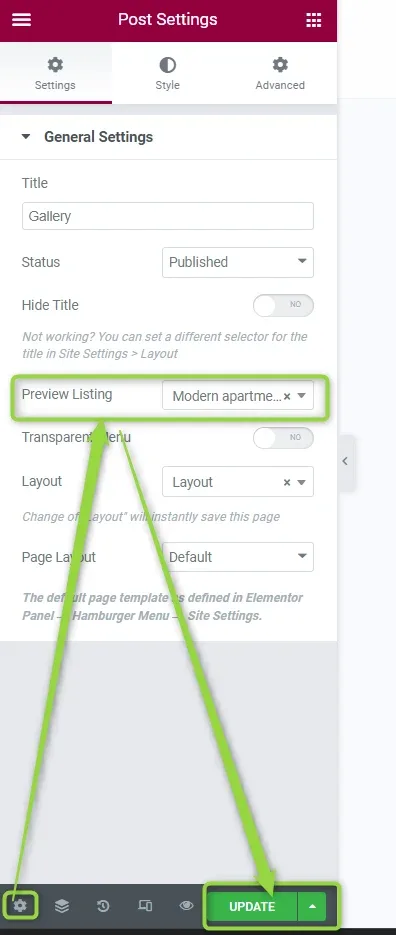 The Elementor Post Settings panel with Title "Gallery" and Status Published; the Preview Listing dropdown set to "Modern apartme…" is highlighted, with arrows pointing to the cog icon and the green UPDATE button below.