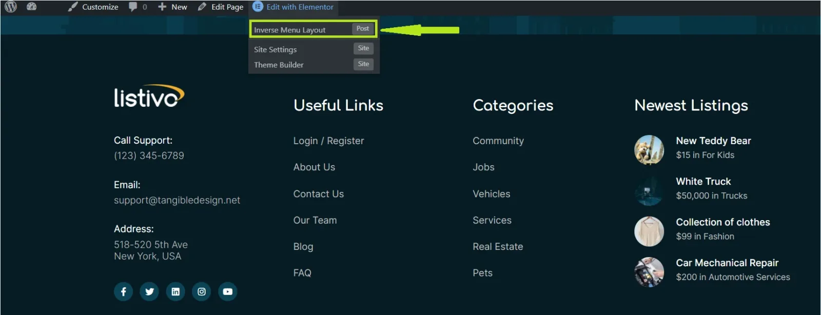 The dark footer of the site with the admin bar's Edit with Elementor dropdown open; an arrow points to its first entry, the layout, above Site Settings and Theme Builder.