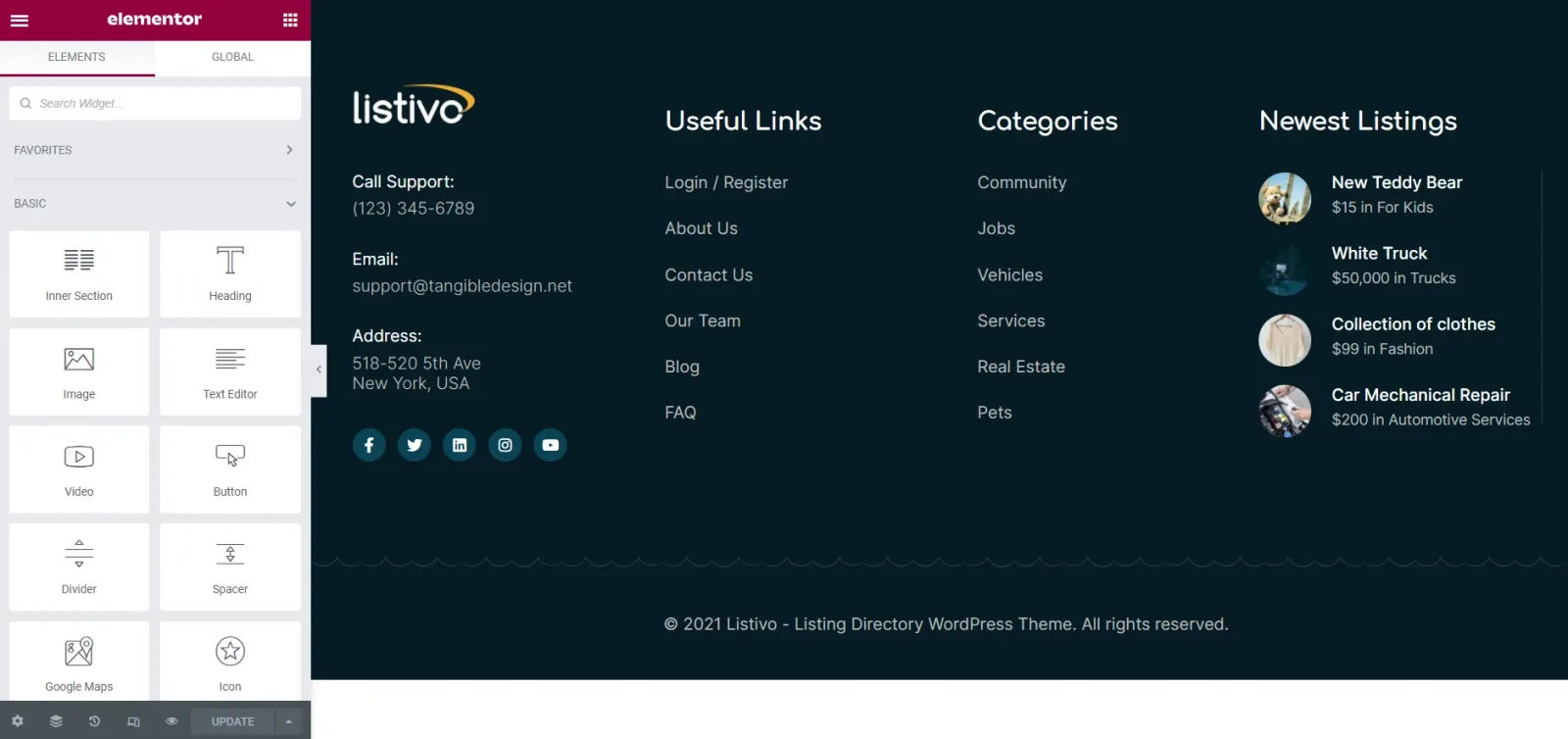 The footer open in the Elementor editor: the widget panel on the left, and the dark footer with the Listivo logo, contact details, Useful Links, Categories, Newest Listings and the copyright line beneath.