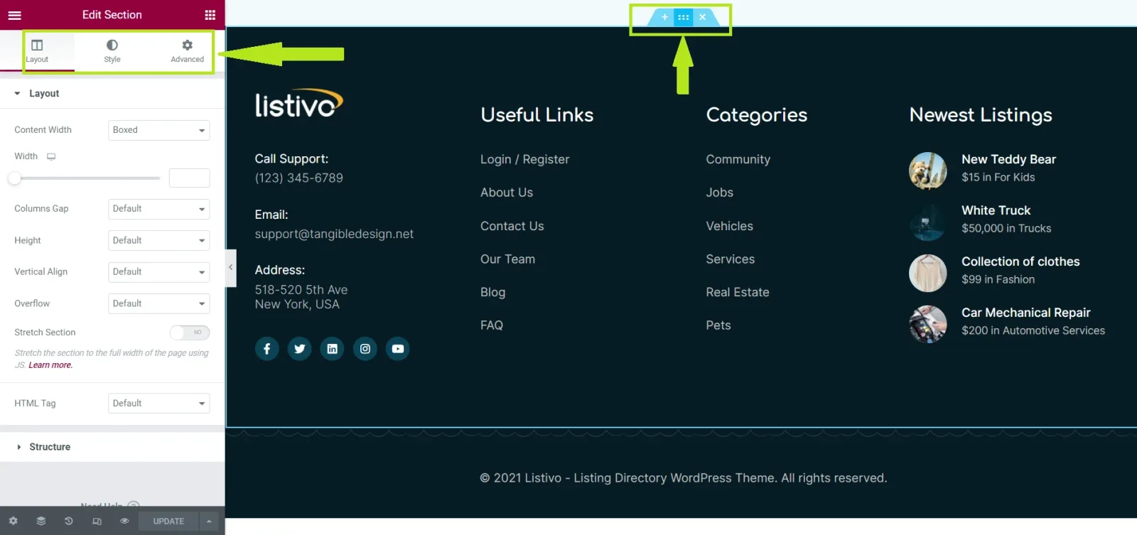 The Elementor "Edit Section" panel open on its Layout tab, with settings such as content width, columns gap, height and vertical align, while the footer section is selected in the canvas and its toolbar is highlighted.