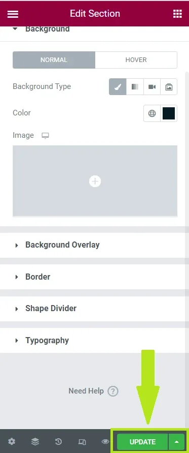 The Edit Section panel scrolled to the Background settings — background type, colour and image — with Background Overlay, Border, Shape Divider and Typography collapsed below, and a large arrow pointing at the green UPDATE button.