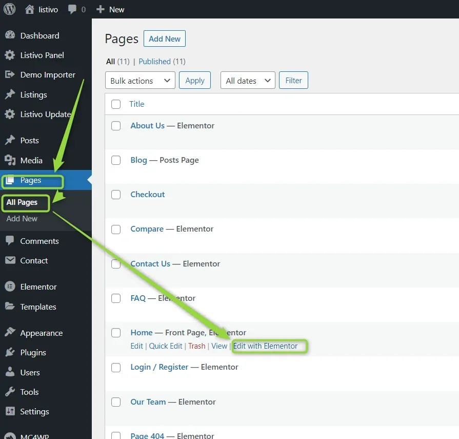 The Pages list in WordPress admin with Pages and All Pages highlighted in the sidebar; the Home row is hovered and an arrow points to its "Edit with Elementor" row action.