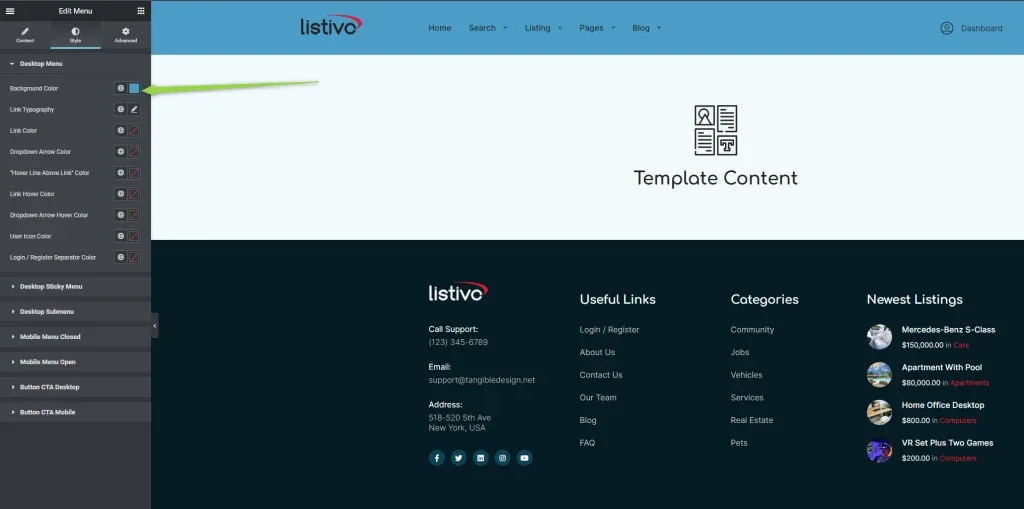A layout open in Elementor: the structure panel on the left, and a canvas showing the header, a "Template Content" placeholder standing in for the page content, and the footer with Useful Links, Categories and Newest Listings.