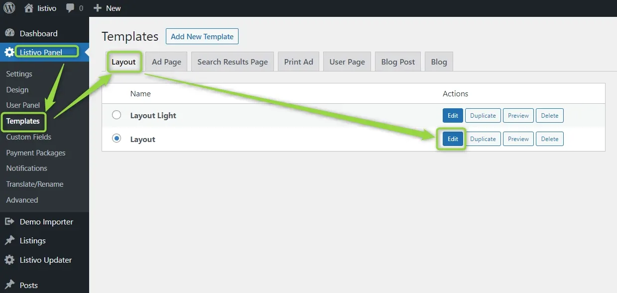 Listivo Panel > Templates with the Layout tab selected, listing Layout Light and Layout; arrows point to the Layout tab and to the Edit button of the selected Layout.