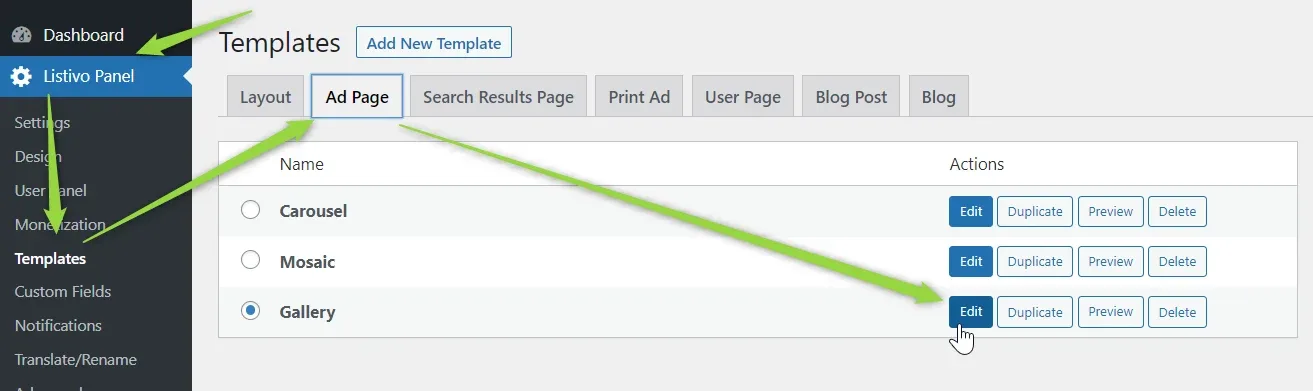 The Templates screen with the Ad Page tab open, listing Carousel, Mosaic and Gallery; Gallery is selected and green arrows point to Templates in the Listivo Panel sidebar and to the Edit button on the Gallery row.