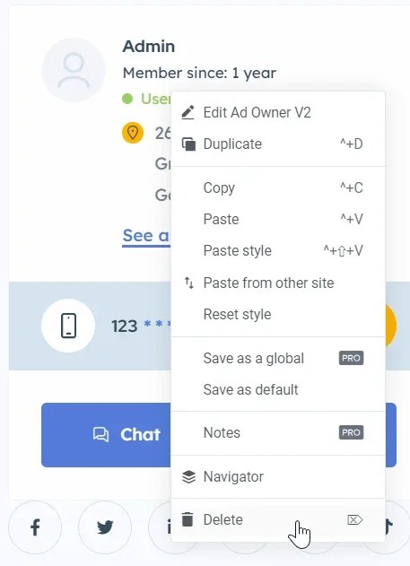 The right-click context menu over the ad owner box, listing Edit Ad Owner V2, Duplicate, Copy, Paste, Paste style, Reset style, Save as a global, Save as default, Notes, Navigator and Delete, with the cursor on Delete.