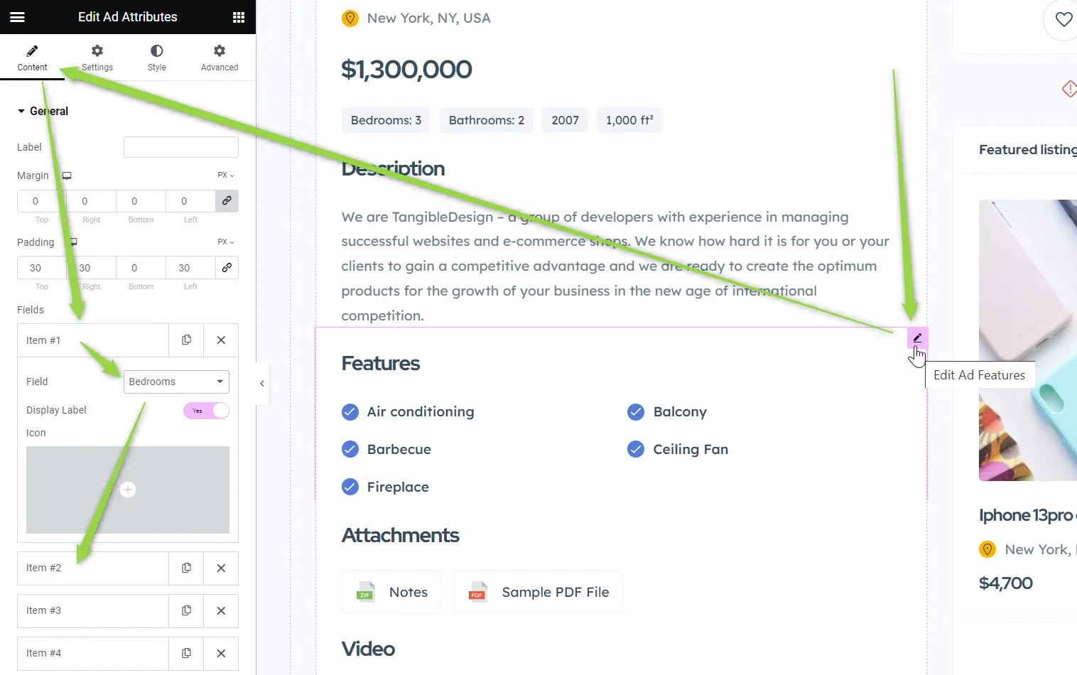 The "Edit Ad Attributes" panel in Elementor showing a Fields repeater with Item #1 set to the Bedrooms field and further items below; arrows point from the list to the pencil handle of the Ad Features widget on the ad page preview.