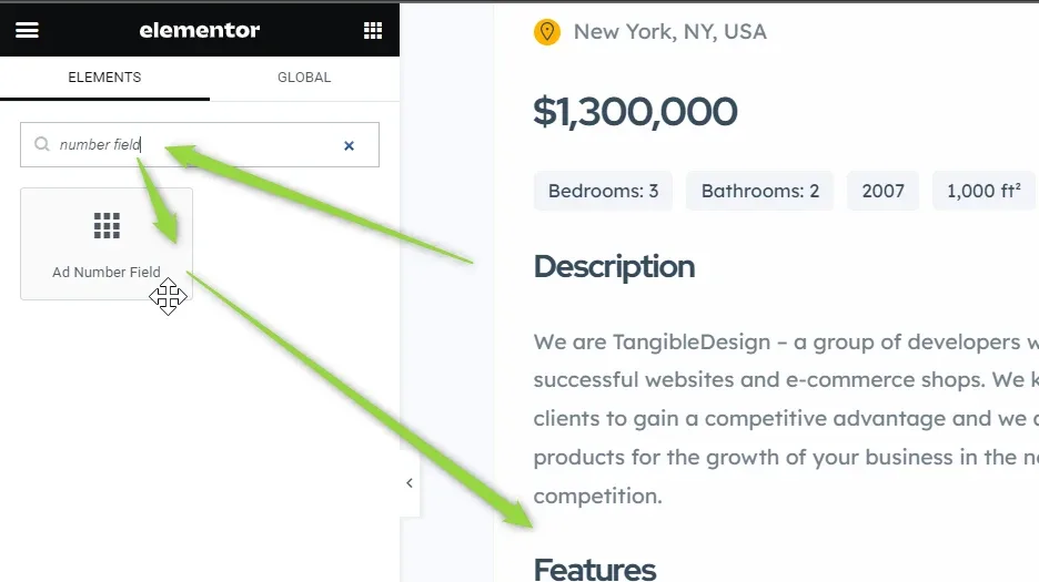The Elementor Elements panel with "number field" typed into the widget search box, leaving a single result, the Ad Number Field widget; arrows point from the widget towards the ad page preview on the right.