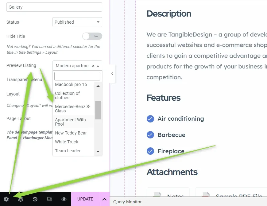 The template settings panel with the Preview Listing dropdown open, offering Macbook pro 16, Collection of clothes, Mercedes-Benz S-Class, Apartment With Pool, New Teddy Bear, White Truck and Team Leader; an arrow points to the cog icon.